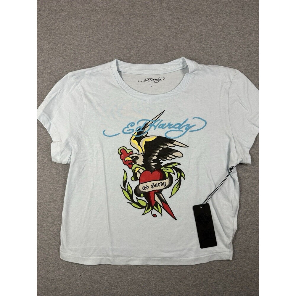 Ed Hardy Crop Top Eagle Heart‎ Baby Tee Womens Size Large